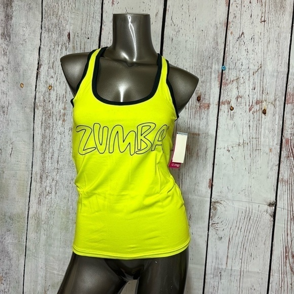 ZUMBA FITNESS sporty stretchy black tank top Green “Join the Party” Large NWT - Picture 1 of 9